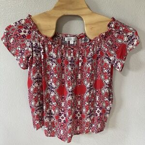 Amour Vert Size Large Red Purple Print Silk Off The Shoulder Short Sleeve Blouse